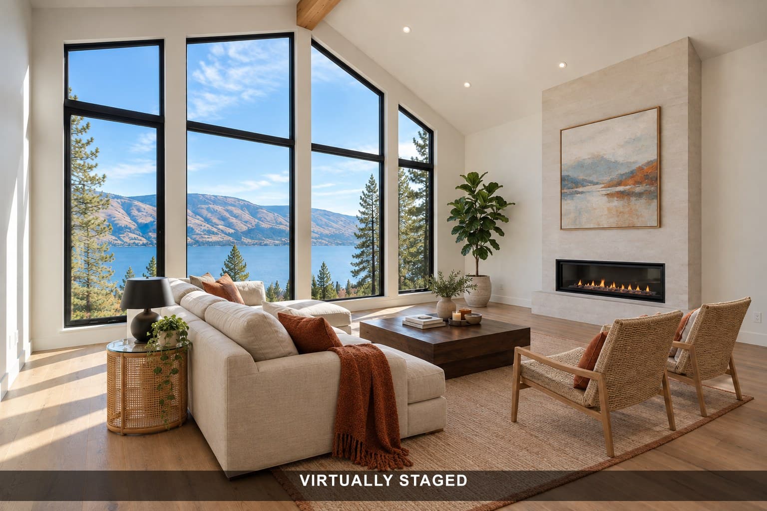 Virtually staged: Empty living room — furnished
