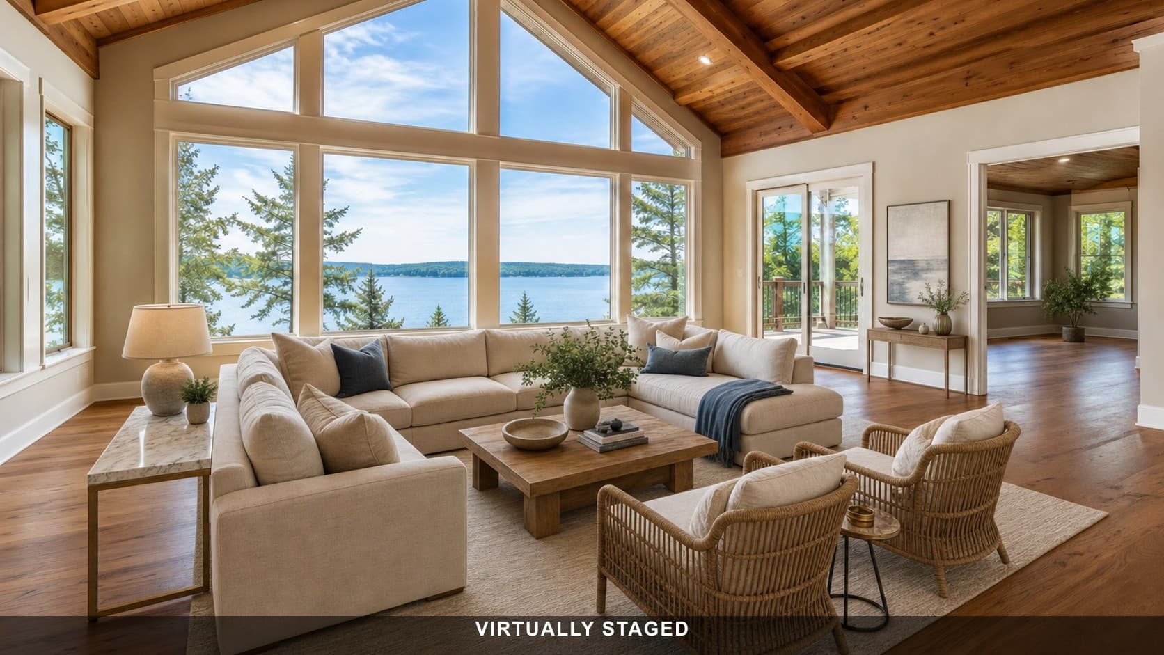 Empty great room, furnished after virtual staging