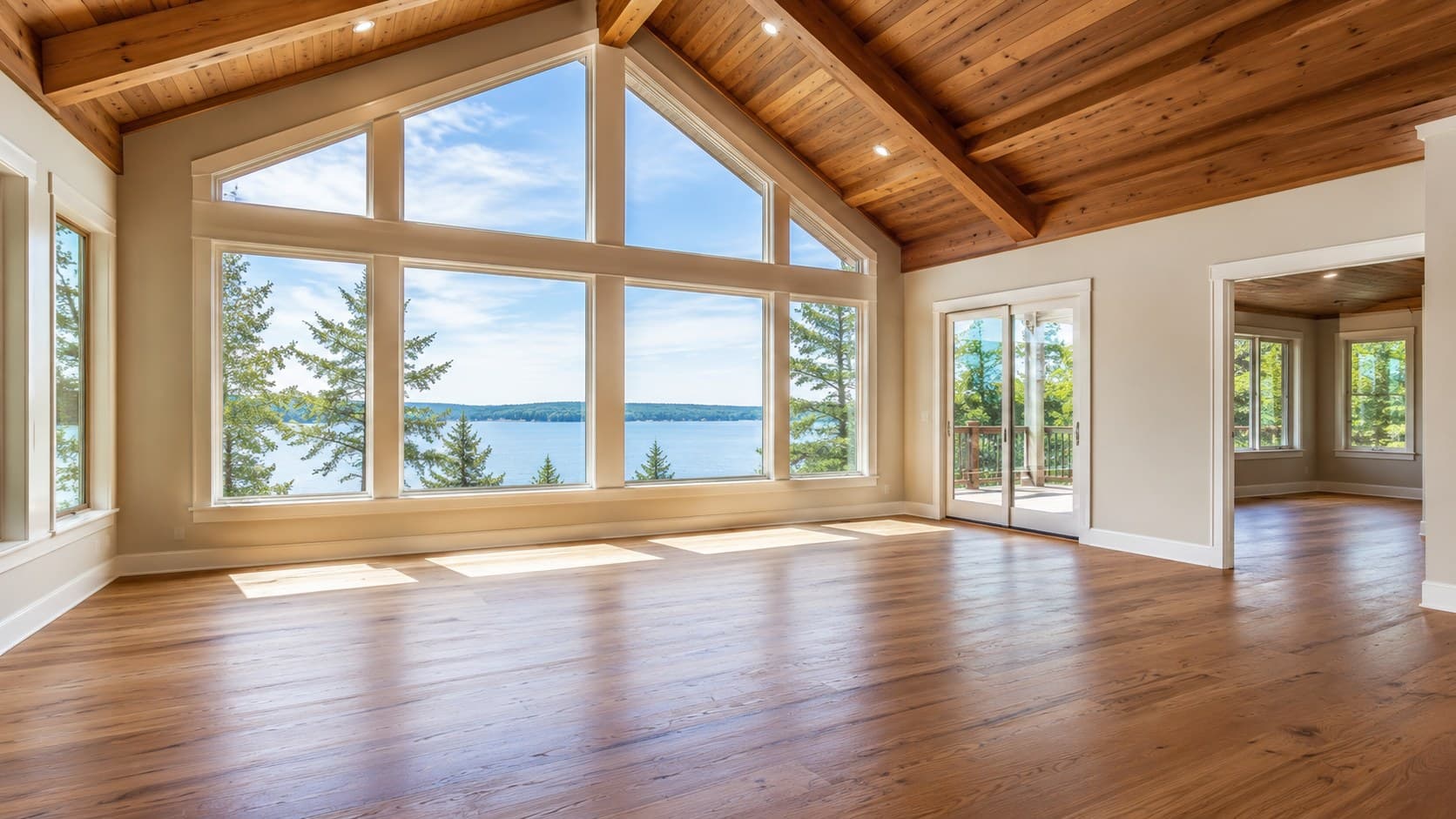 Empty great room, furnished before virtual staging