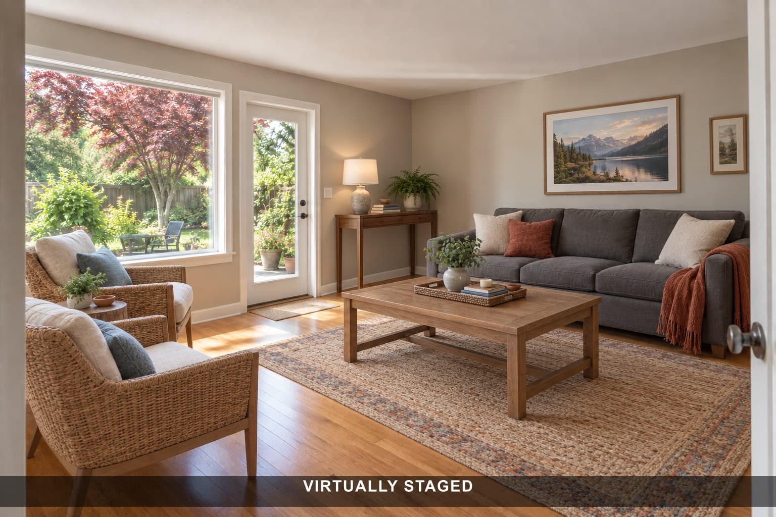 Virtually staged: Lived-in family room — cleared and restaged