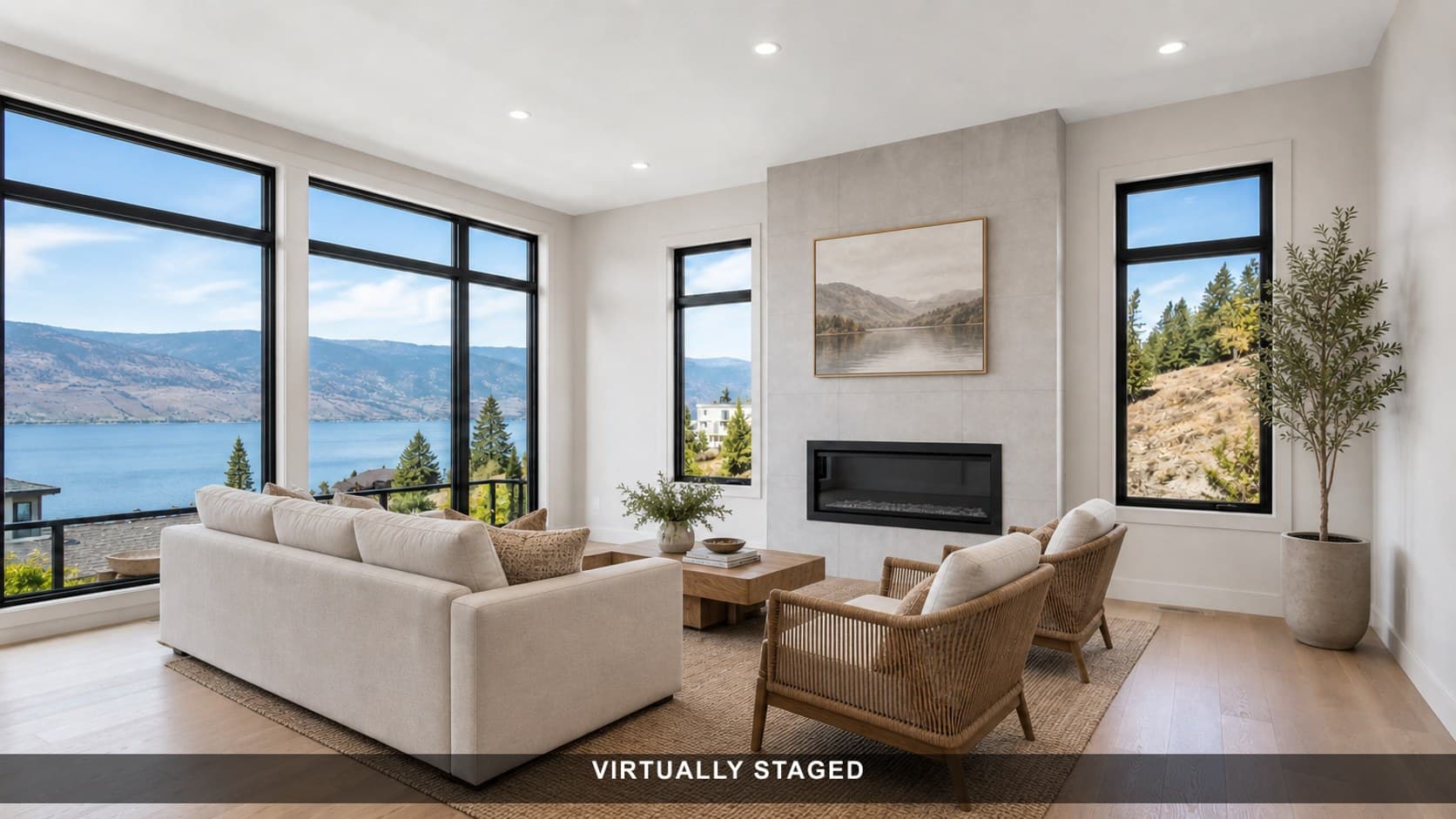 Lake-view living room, furnished after virtual staging