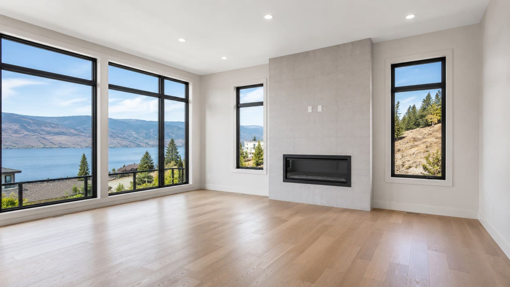 Lake-view living room, furnished before virtual staging